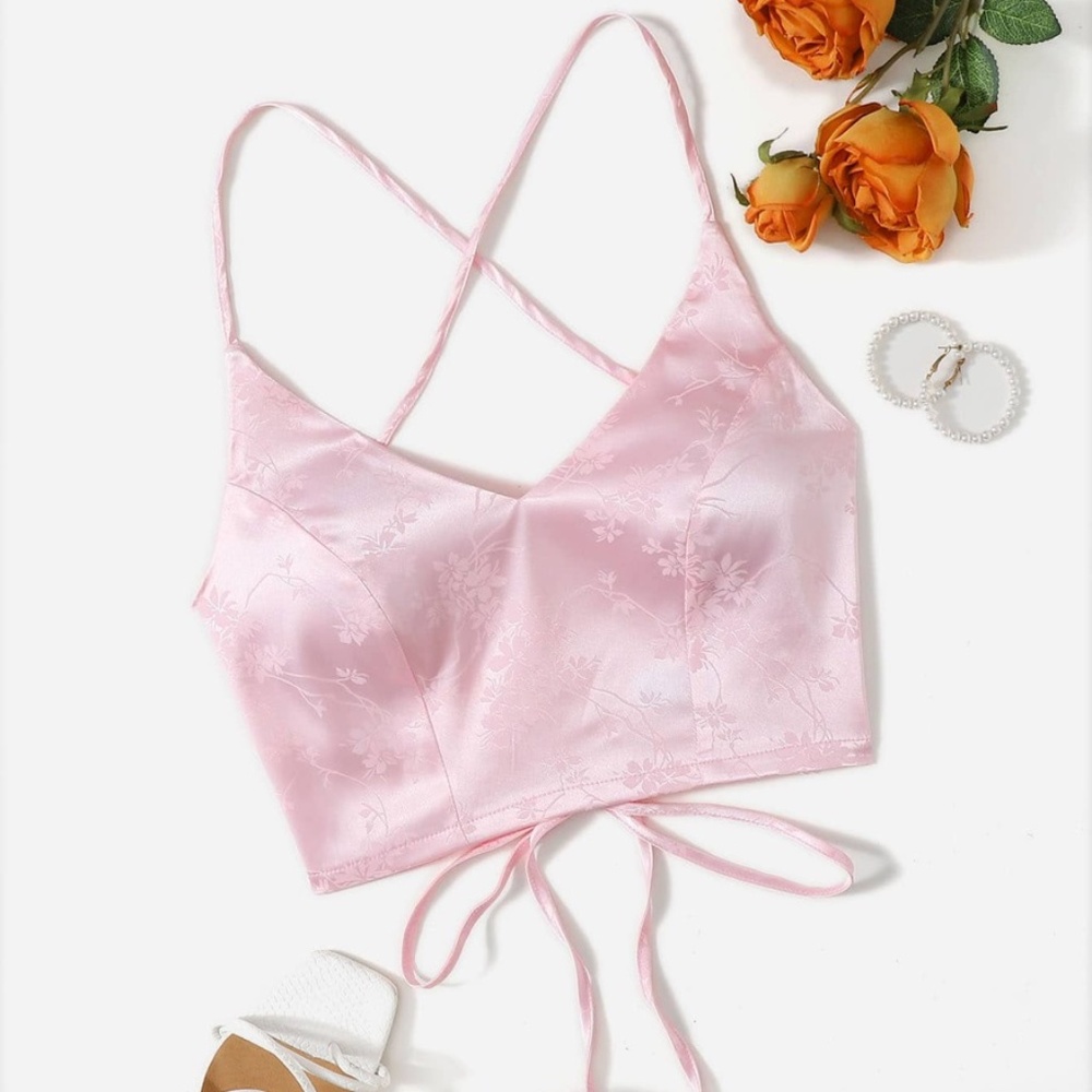 WOMEN'S SHEIN SATIN LACE UP BACKLESS CROP CAMI TOP